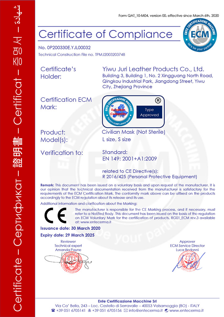 Certifikát EN 149:2001 + A1:2009 Certifikát EN 149:2001 + A1:2009