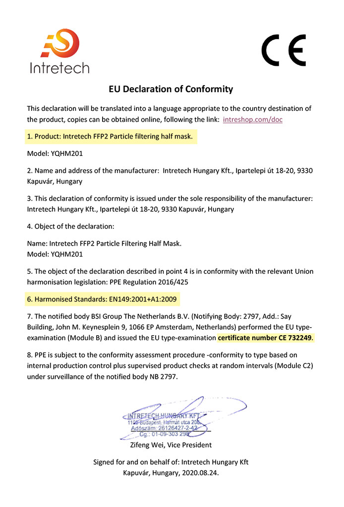 Certifikát FFP2 - EN149:2001+A1:2009 Certifikát FFP2 - EN149:2001+A1:2009